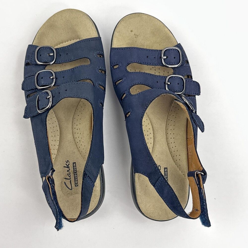 Clarks Sandals Womens 6.5 Navy Blue Nubuck Triple Buckle Sligback Wedge Saylie - Picture 7 of 10